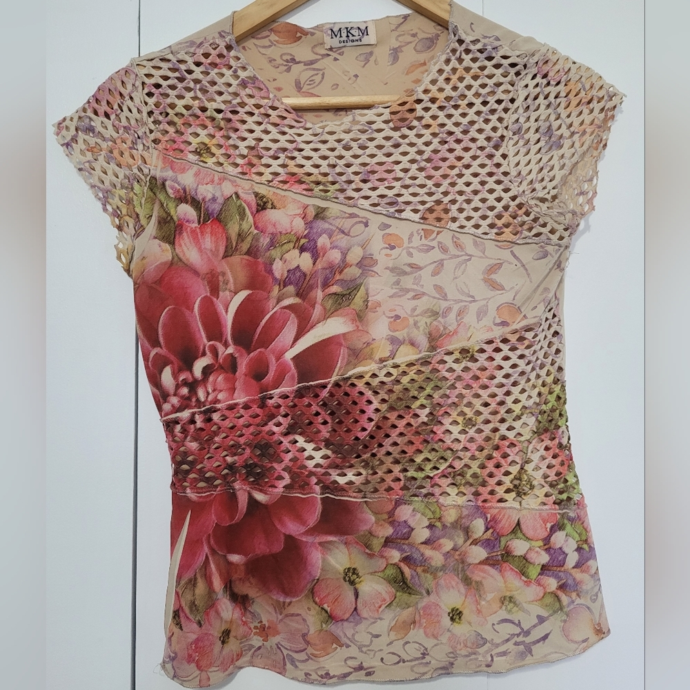 MKM Designs Floral Stretch Top/Blouse - lattice cutout